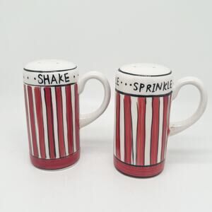 Red and White Striped Ceramic Salt & Pepper Shakers Set Shake & Sprinkle